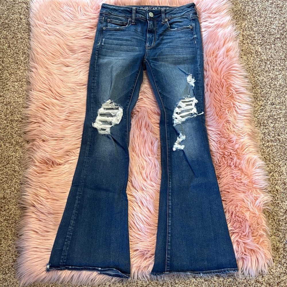 American Eagle Outfitters Hi-Rise Slim Flare Distressed Blue Jeans, Size 6 - Picture 2 of 14